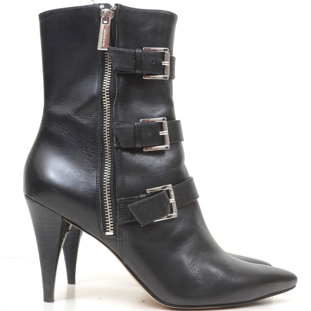 Michael Kors Lori Bootie Women's 9M Black Leather Silver Buckles Pointed-toe
